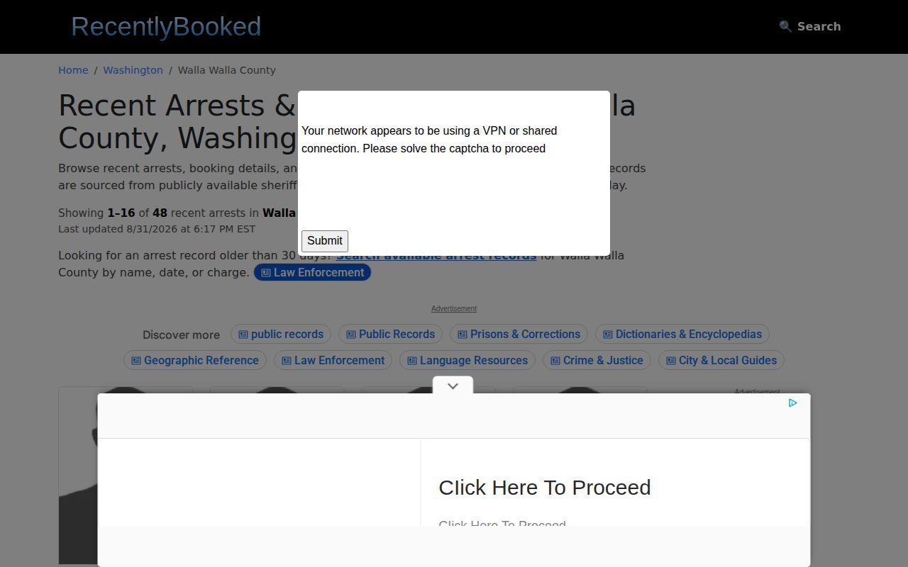 Unaffiliated Walla Walla County Recently Booked page with incomplete booking information caveat